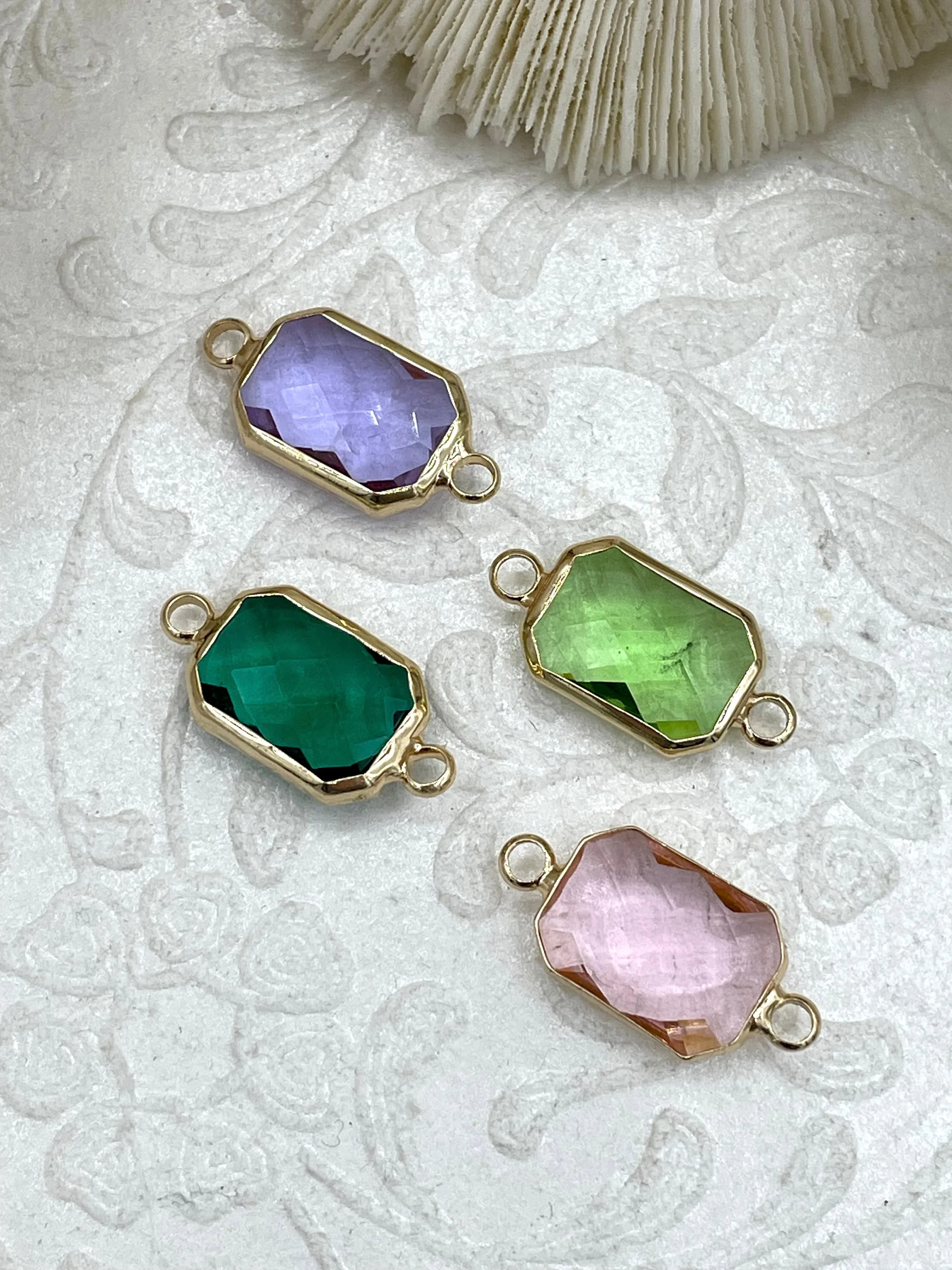 Gold Trimmed Colorful Rectangle Crystals, Gold trimmed Pendants,Gold Trimmed Crystal Connectors.Colorful Crystal Charms, 9 Colors, Fast Ship