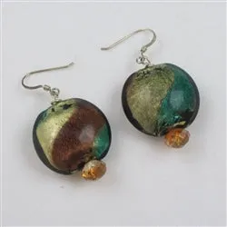 Green Gold and Brown Lampwork Glass Bead Earrings