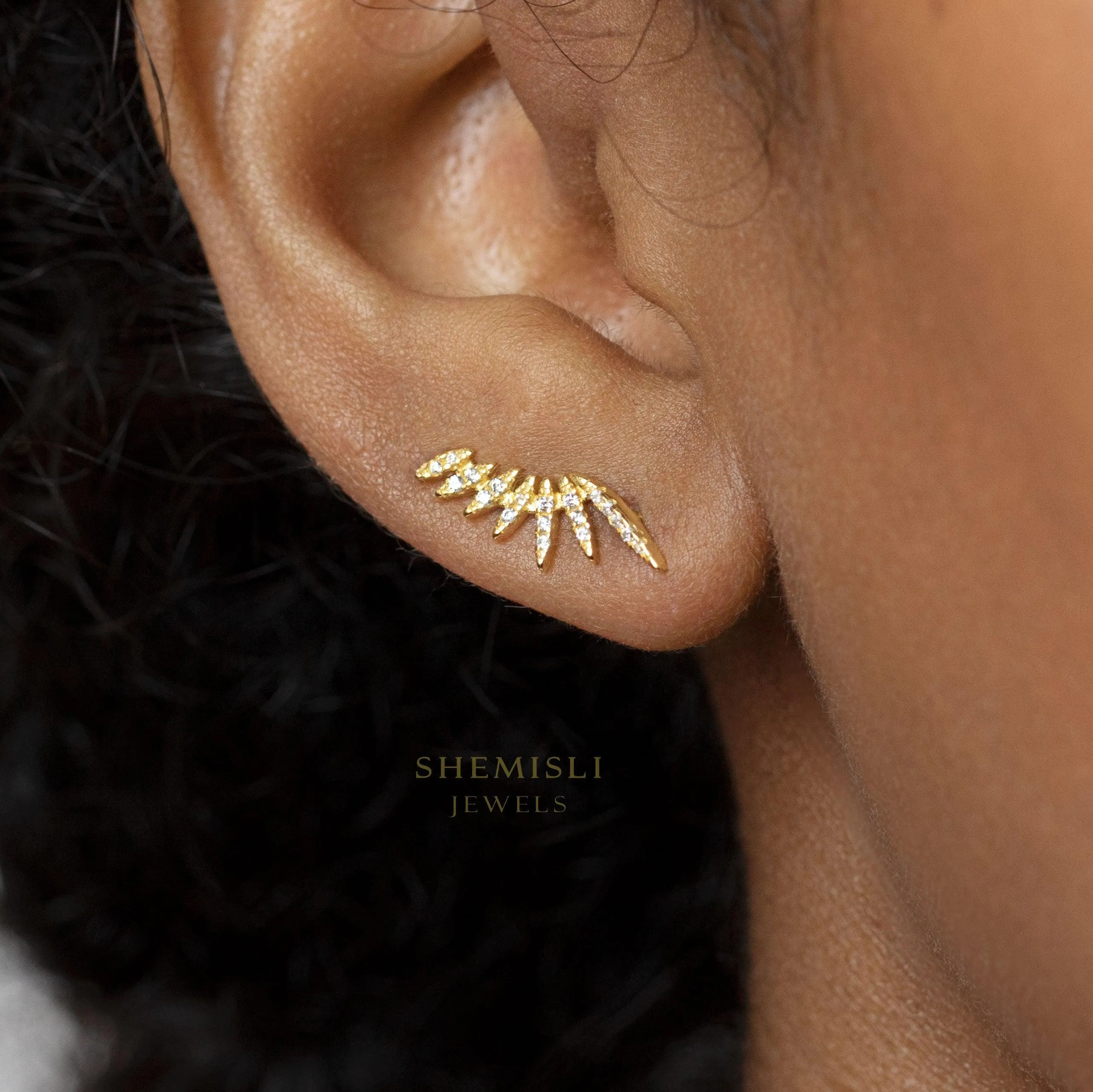 Half Starlight Paved Climber Earrings, Leaf Jewelry, Gold, Silver SHEMISLI - SS327 NOBKG LR