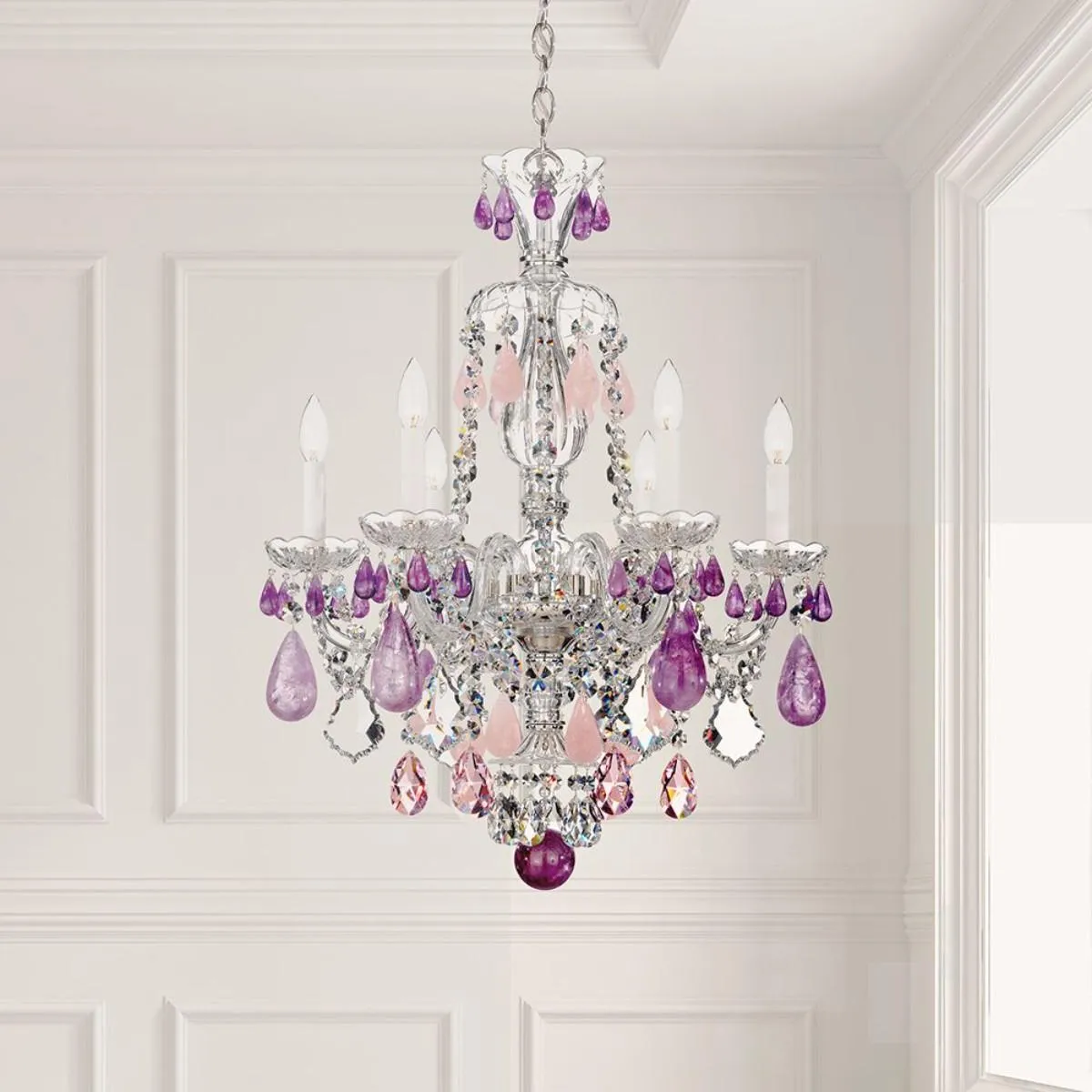 Hamilton Rock Crystal 6 Light Silver Chandelier with Amethyst & Rose Rock Crystals