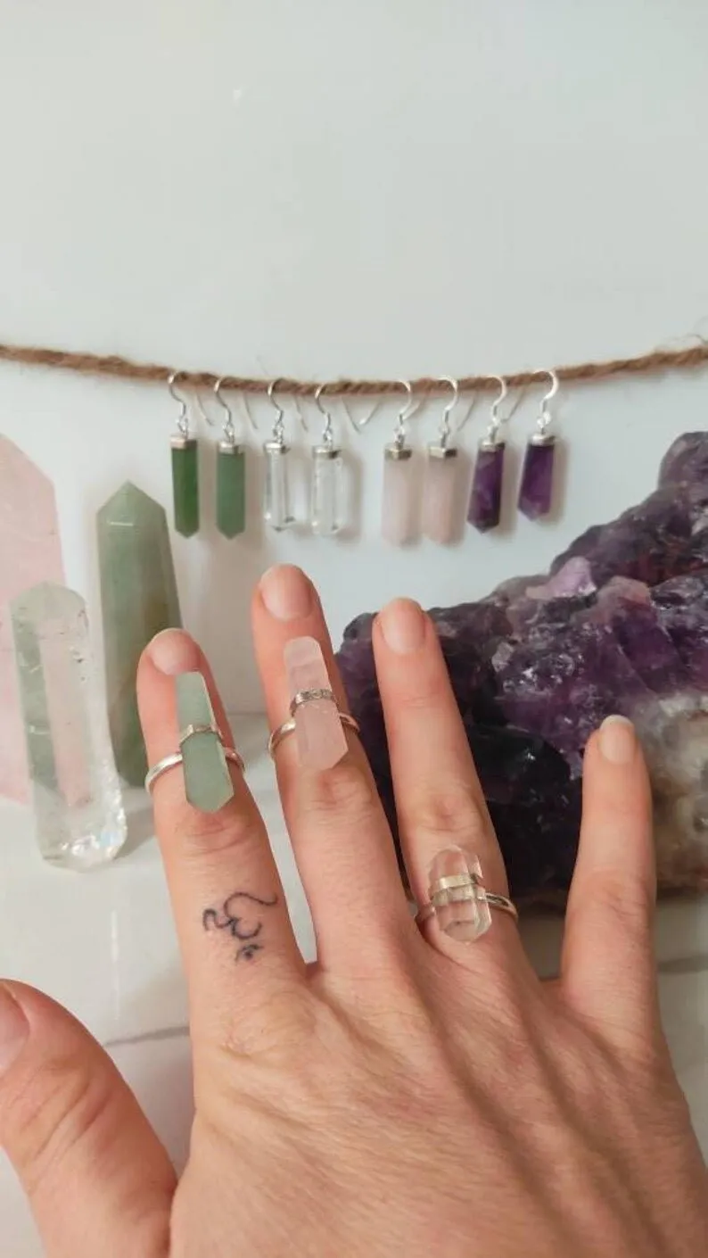 Handmade Aventurine Jade, Clear Quartz, Rose Quartz, Amethyst Crystal Sterling Silver Earrings