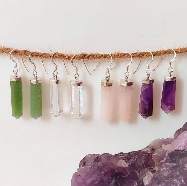 Handmade Aventurine Jade, Clear Quartz, Rose Quartz, Amethyst Crystal Sterling Silver Earrings