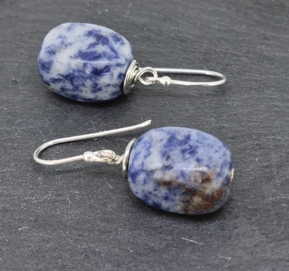 Handmade Natural Blue Spots Gemstone Earrings, Women's Dangle Drop Earrings