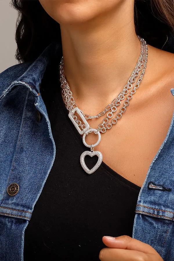 Heart Circle And Rectangle Triple Chain Necklace - White Silver