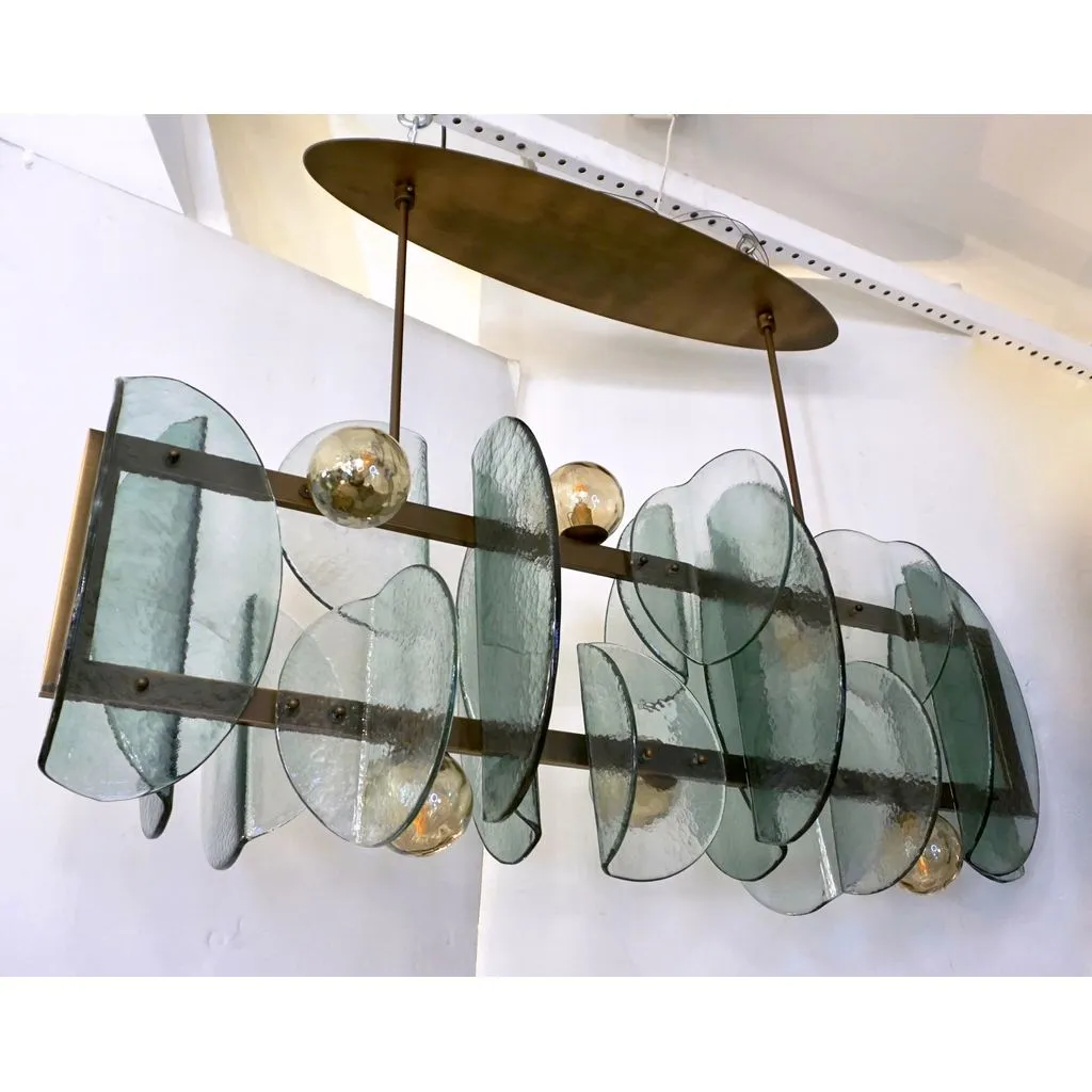 Italian Modern Fontana Arte Style Aqua Murano Glass Geometric Bronze Chandelier