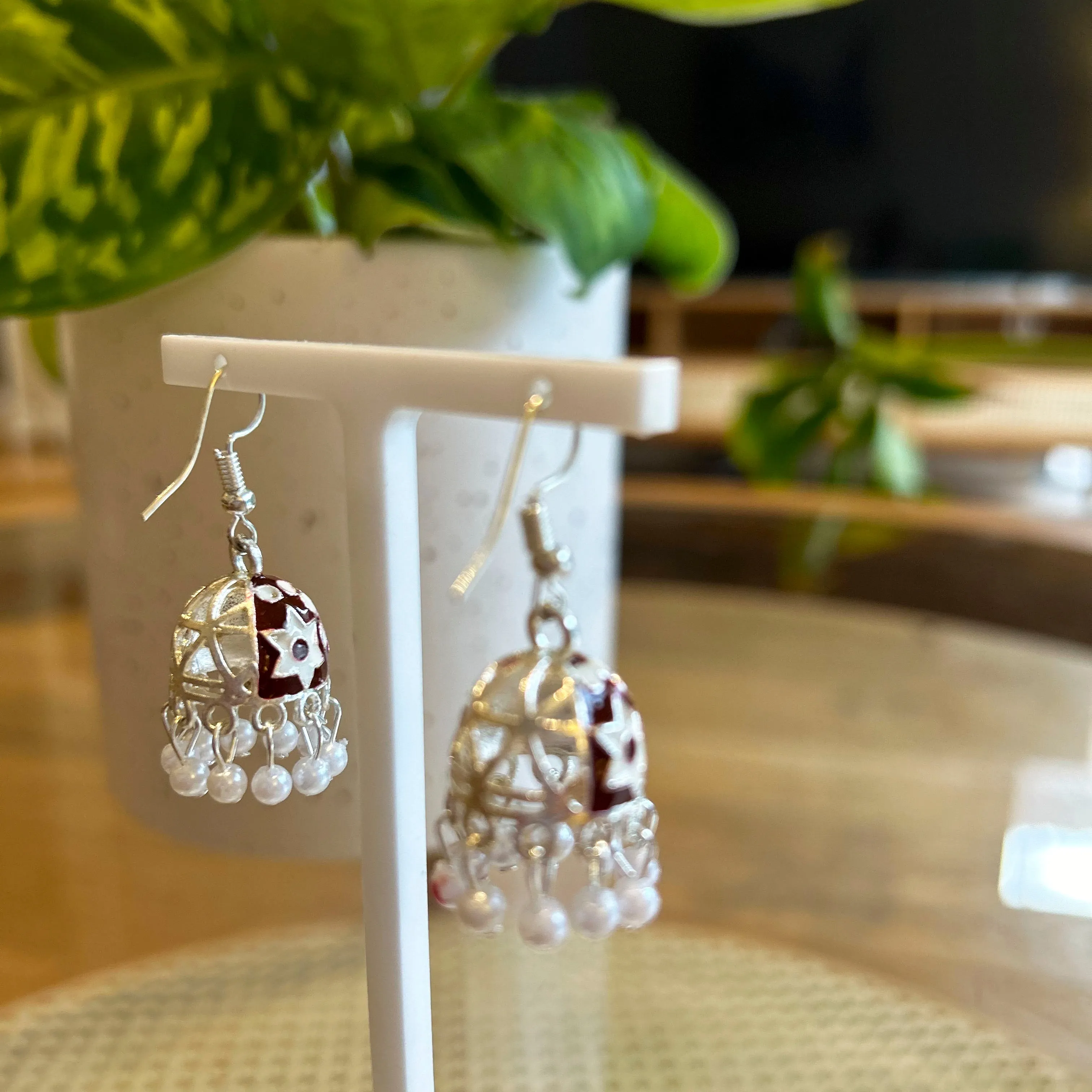 Jhumka Mini Maroon Earrings Silver