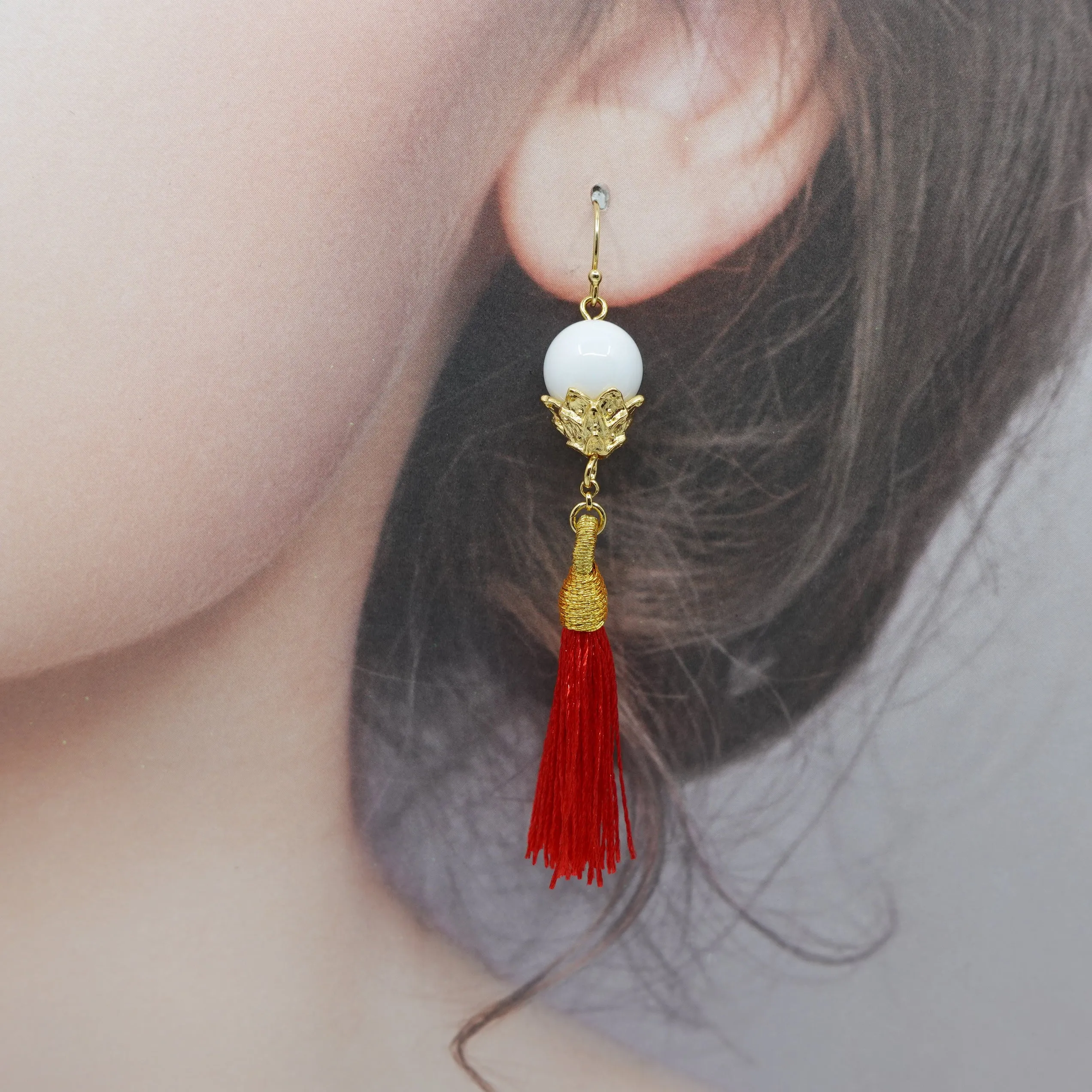 Little Lotus Silk Tassel Earrings - Red