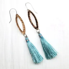 Long Copper Embossed Filigree Silk Tassel Earrings