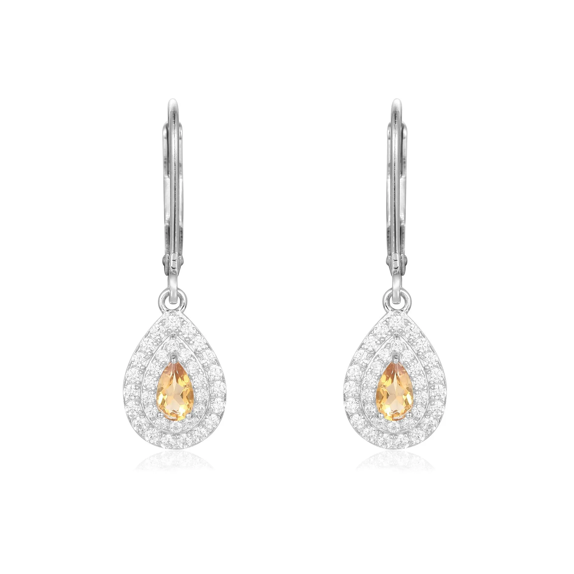 Luxury Double Soleste Halo Pear Shape Natural Gemstone Silver Drop Earrings