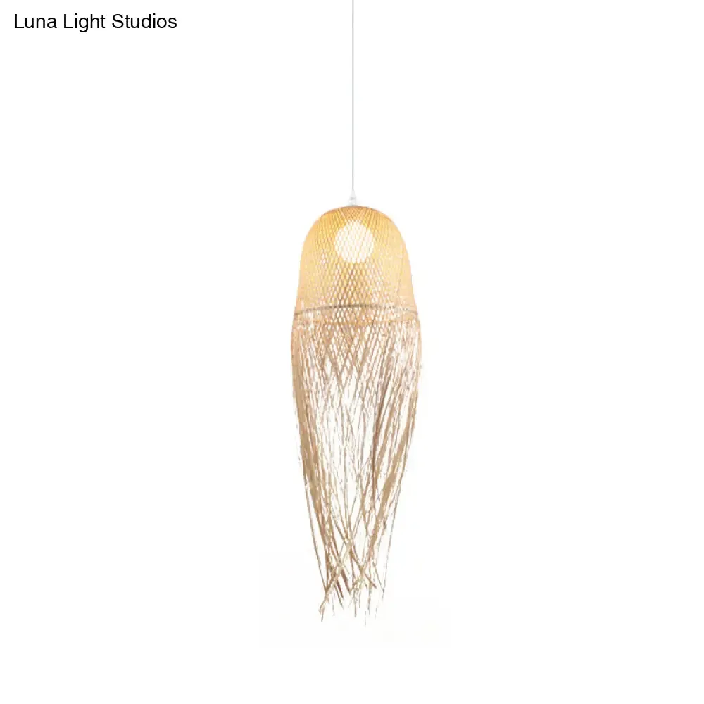 Modern Hand-Knitted Pendant Light with Tassel Design - Bamboo, Beige - Ideal for Dining Room