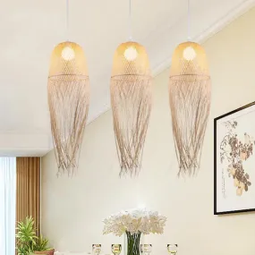 Modern Hand-Knitted Pendant Light with Tassel Design - Bamboo, Beige - Ideal for Dining Room