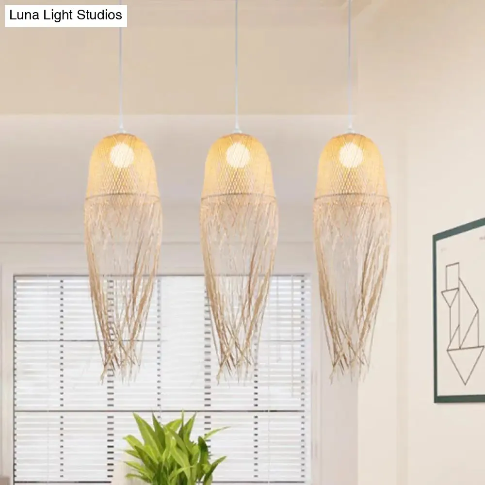 Modern Hand-Knitted Pendant Light with Tassel Design - Bamboo, Beige - Ideal for Dining Room