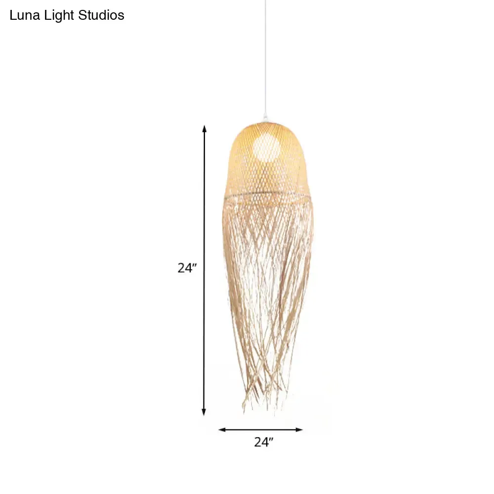 Modern Hand-Knitted Pendant Light with Tassel Design - Bamboo, Beige - Ideal for Dining Room