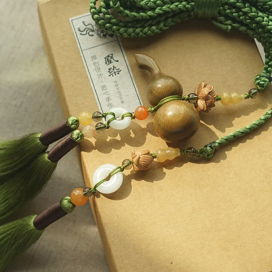 Mu Hulu 木葫芦 Wooden Gourd Tassel Belt Unisex Sandalwood & Jade Hanfu Accessory