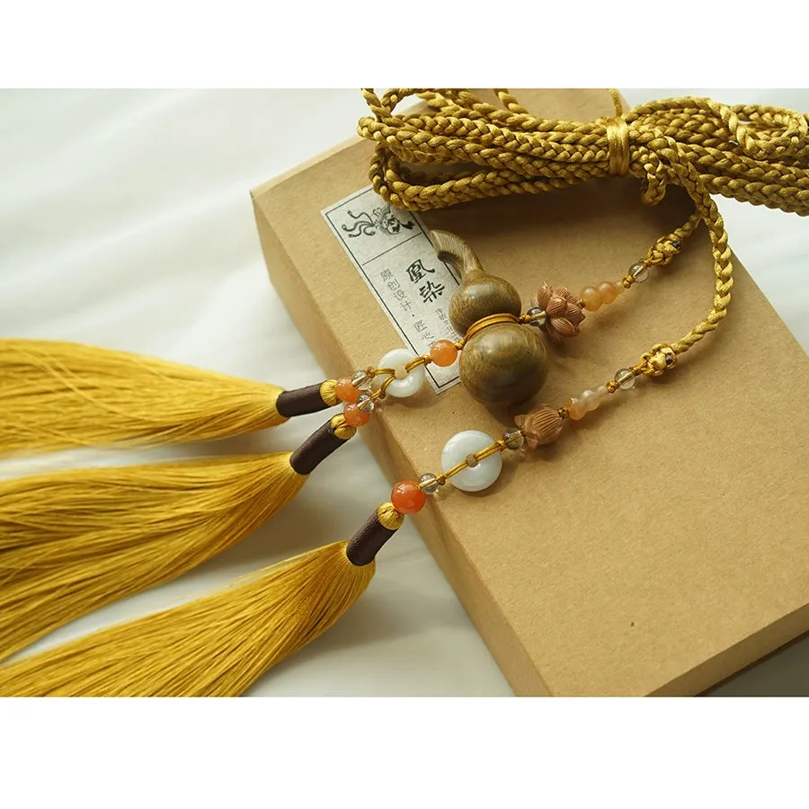 Mu Hulu 木葫芦 Wooden Gourd Tassel Belt Unisex Sandalwood & Jade Hanfu Accessory