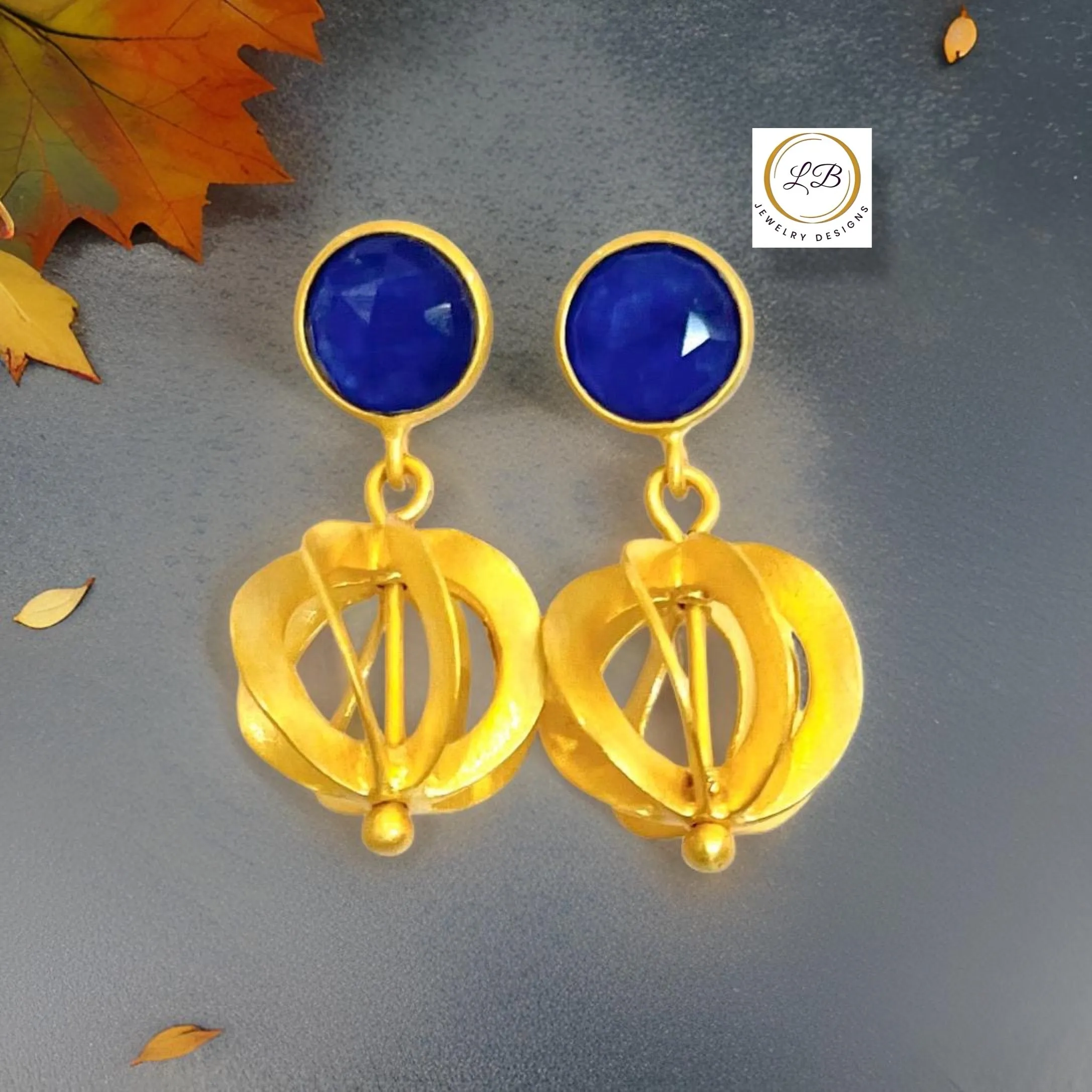 Navy Blue Chalcedony Gold Vermeil Filigree Dangle Earrings