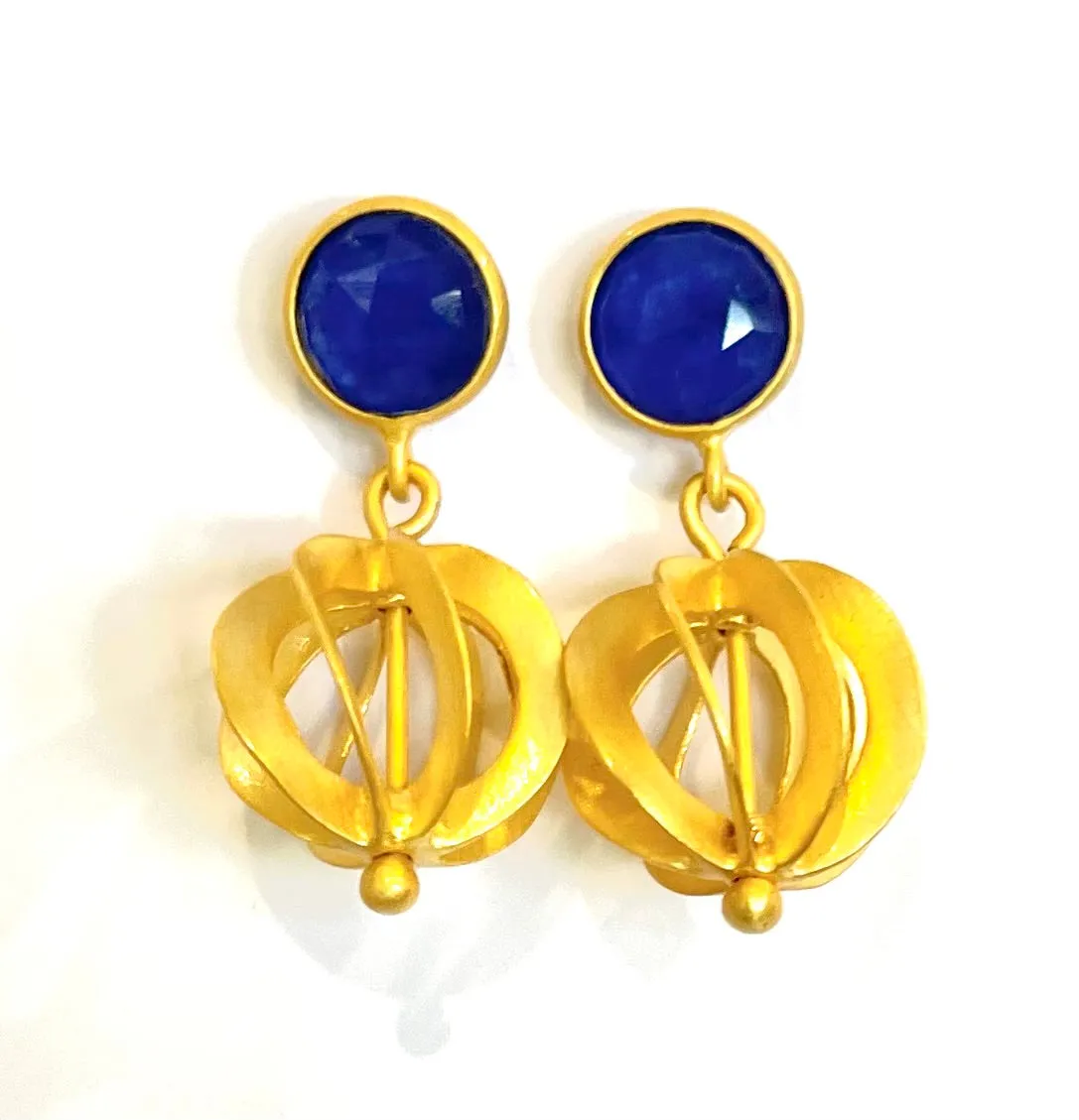 Navy Blue Chalcedony Gold Vermeil Filigree Dangle Earrings