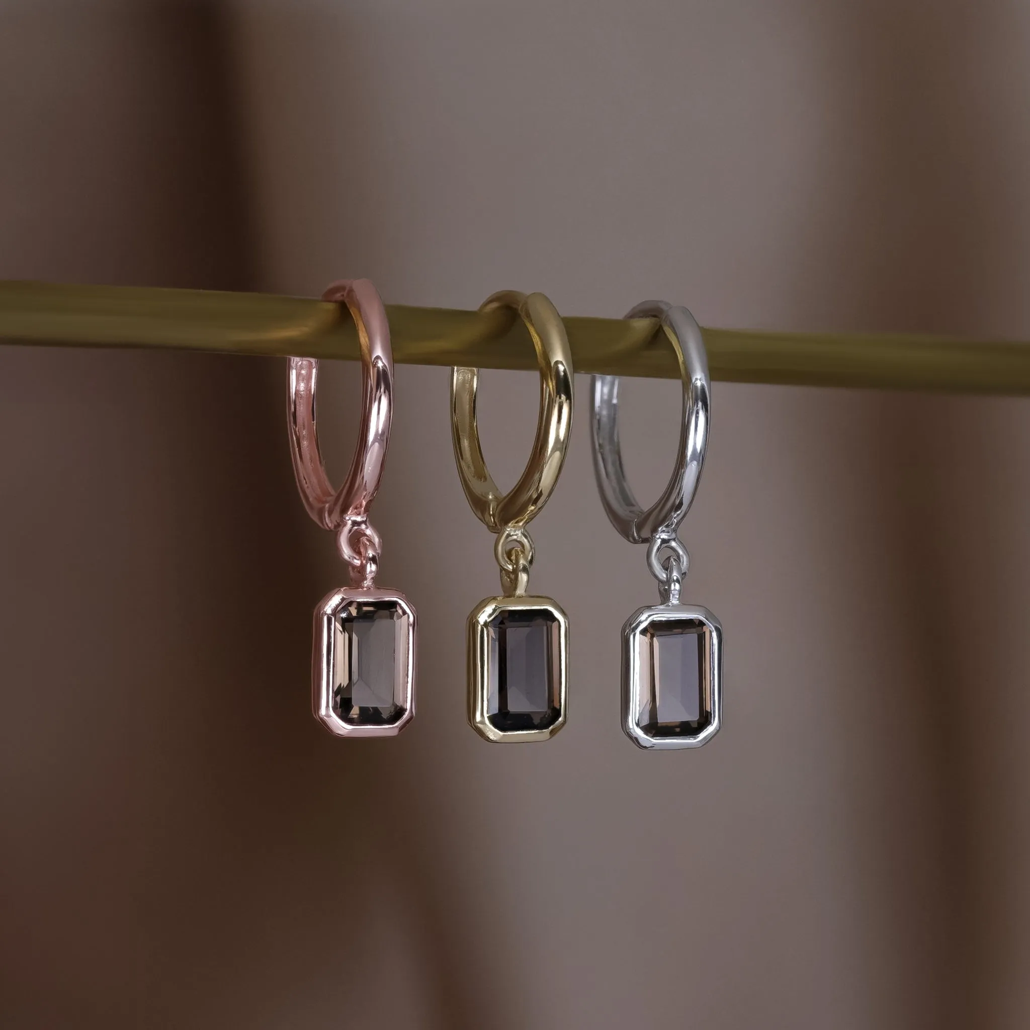 Nora • Emerald Cut Genuine Smoky Quartz Hoop Earrings