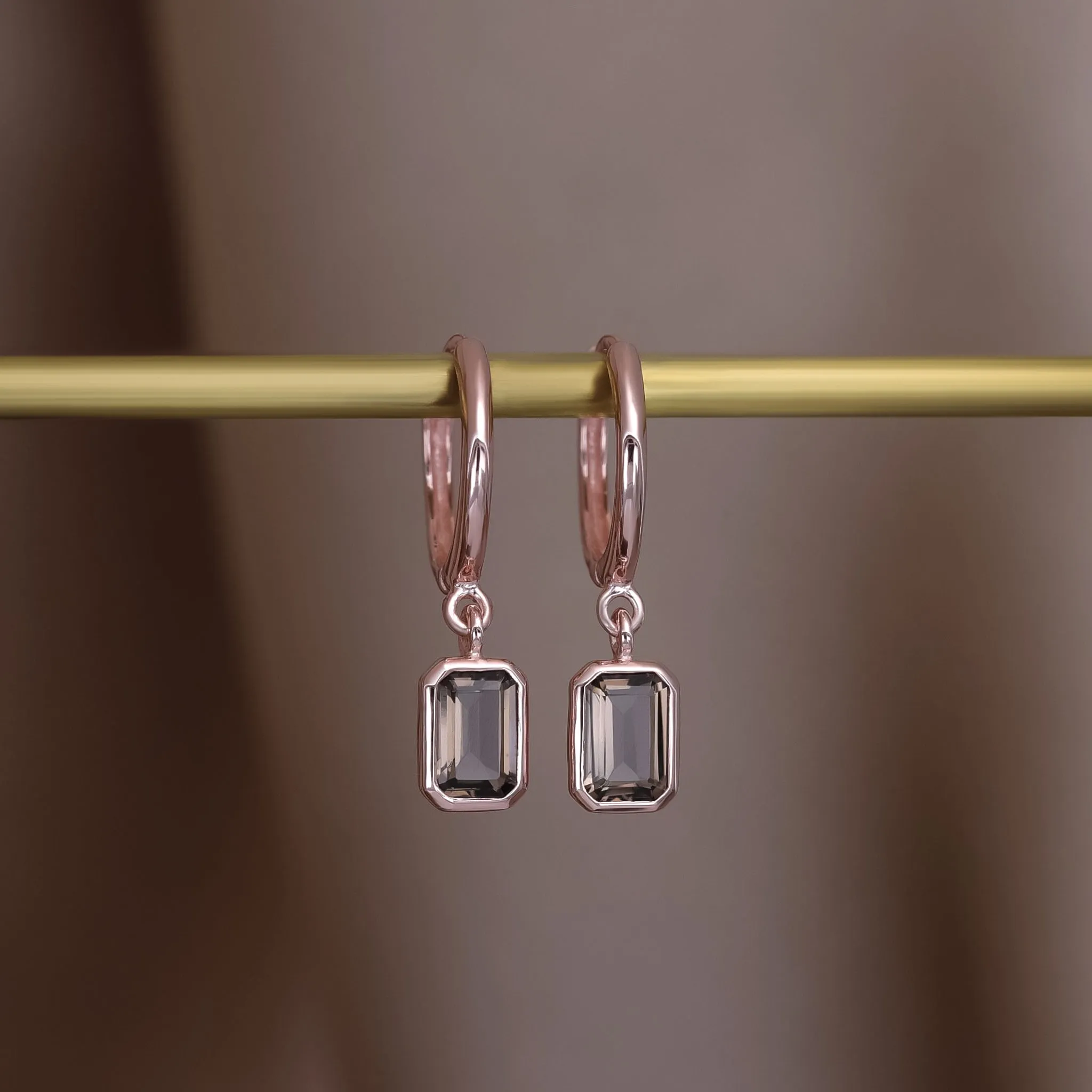 Nora • Emerald Cut Genuine Smoky Quartz Hoop Earrings