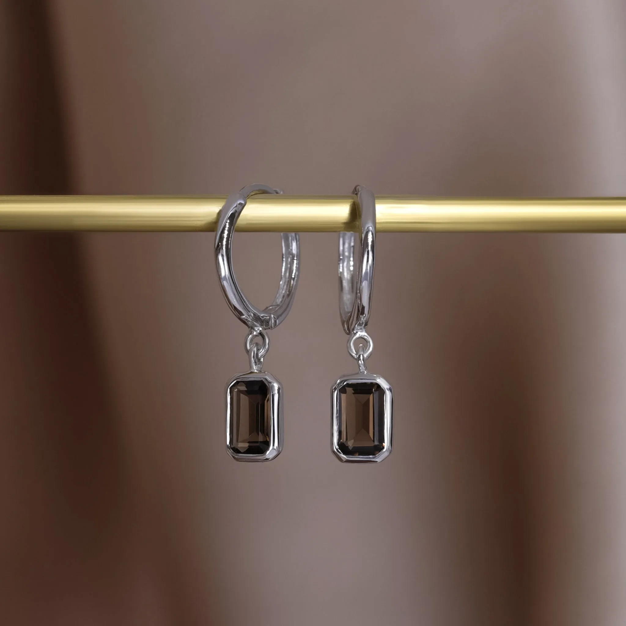 Nora • Emerald Cut Genuine Smoky Quartz Hoop Earrings