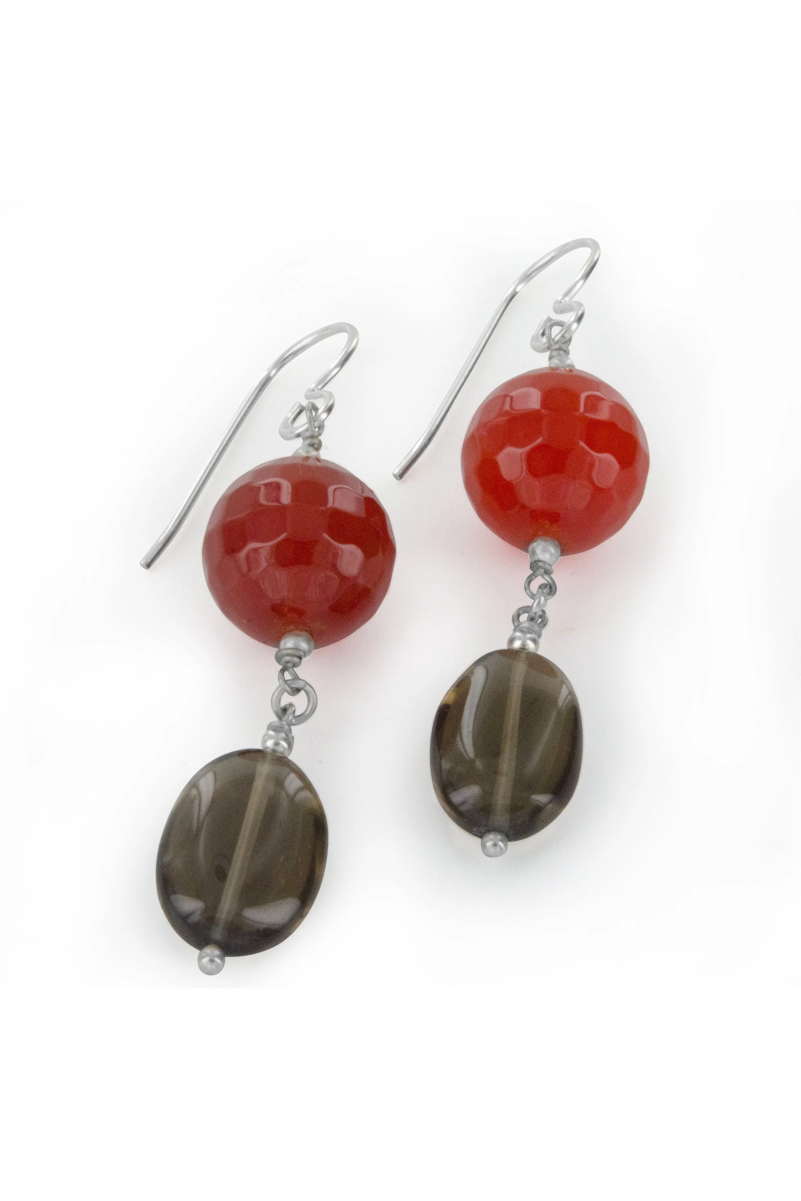 Orange Agate, Brown Smokey Quartz Silver Long Earrings