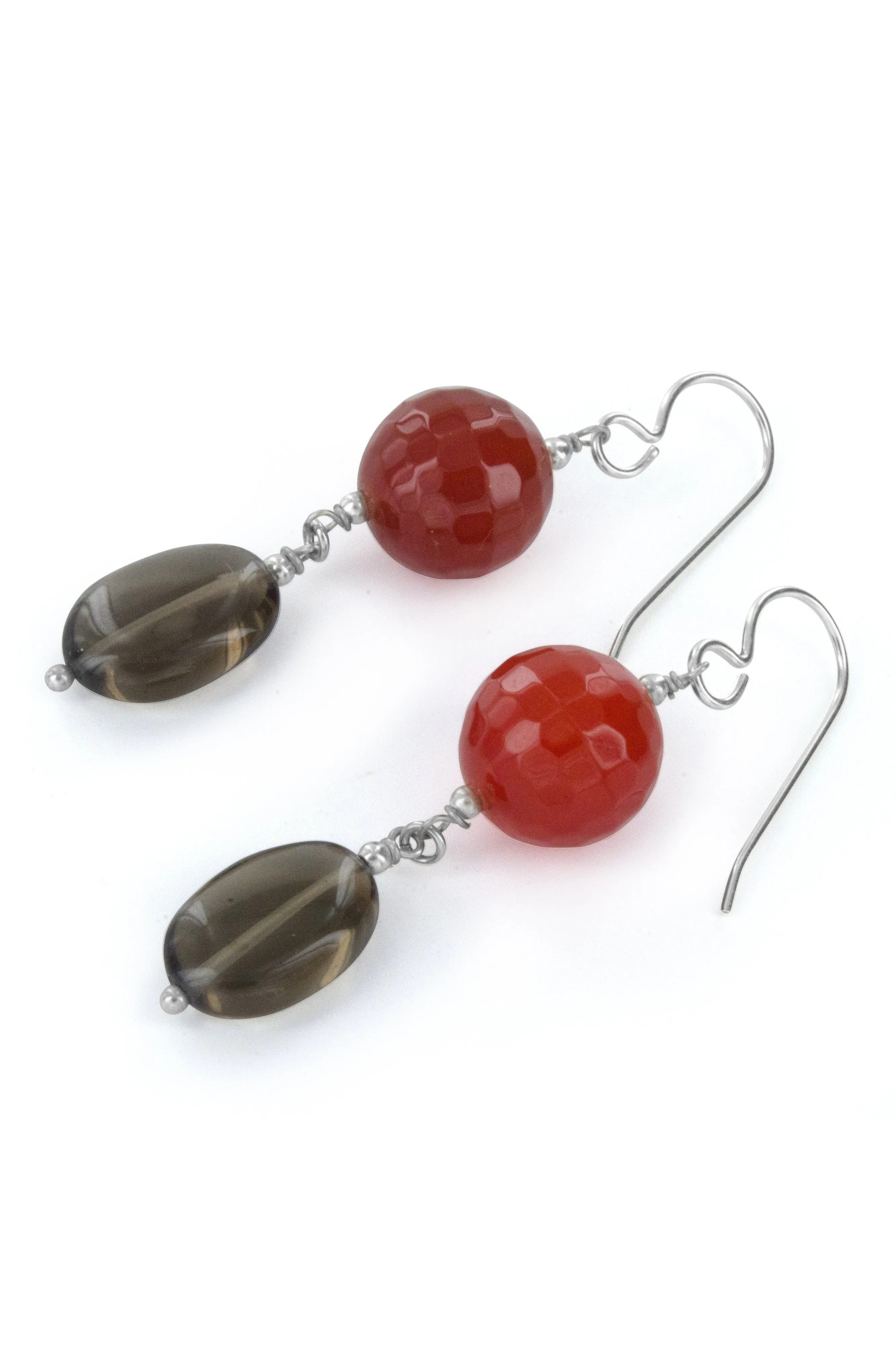 Orange Agate, Brown Smokey Quartz Silver Long Earrings