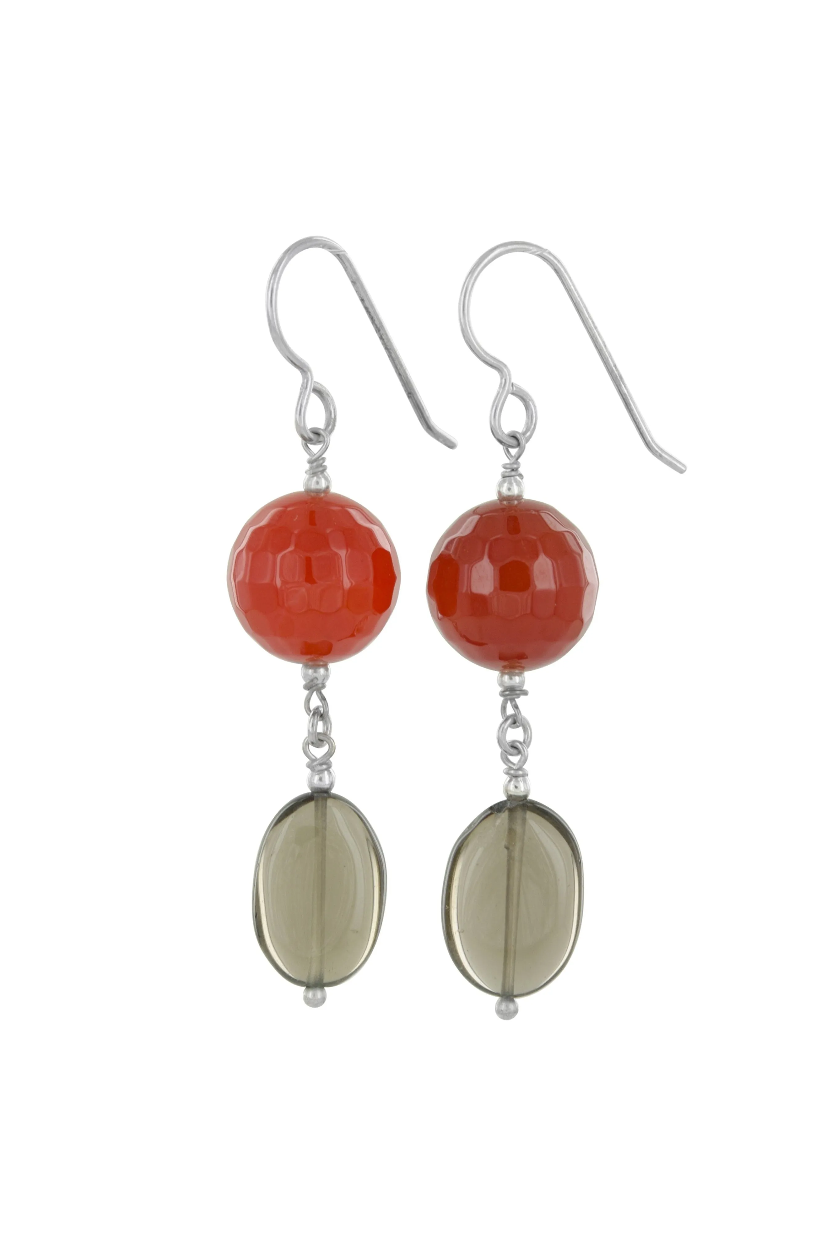 Orange Agate, Brown Smokey Quartz Silver Long Earrings