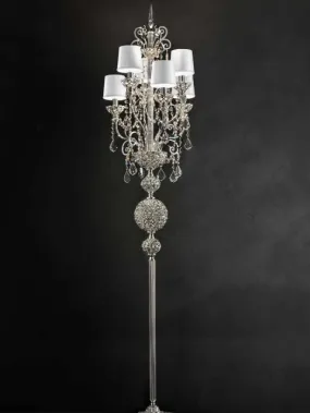 Ornate Classic Silver-Or Gold Plated Italian Floor Lamp With Shades And Premium Crystals