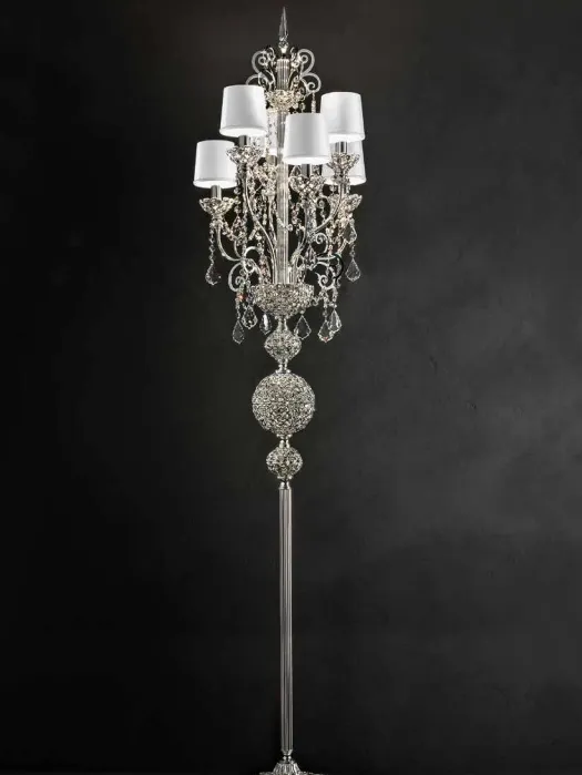 Ornate Classic Silver-Or Gold Plated Italian Floor Lamp With Shades And Premium Crystals