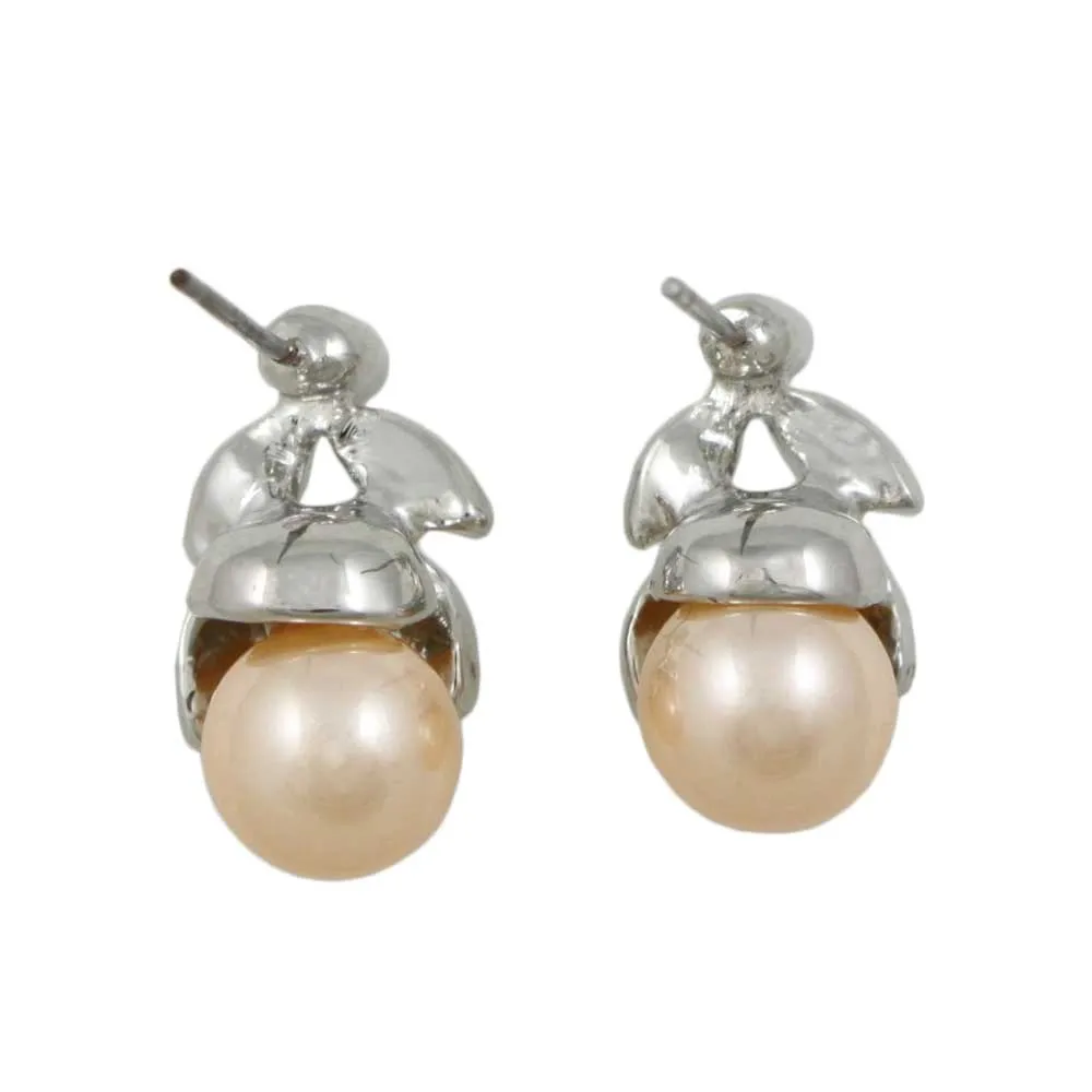 Peach Pearl with Clear Crystal Leaves Stud Earring - PRP040E