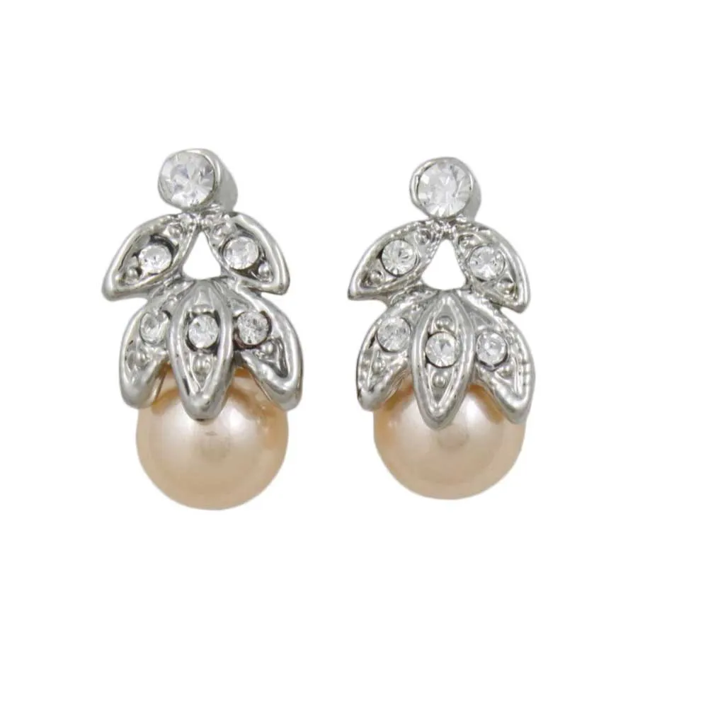 Peach Pearl with Clear Crystal Leaves Stud Earring - PRP040E