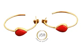 Pear-Shaped Red Coral Gemstone Gold Hoop Earrings 2.25”