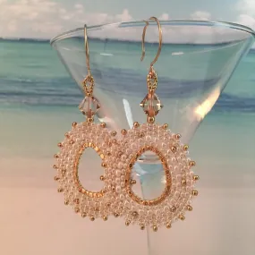 Pearly White and Gold Oval Hoop Beaded Earrings with Swarovski™ Crystals