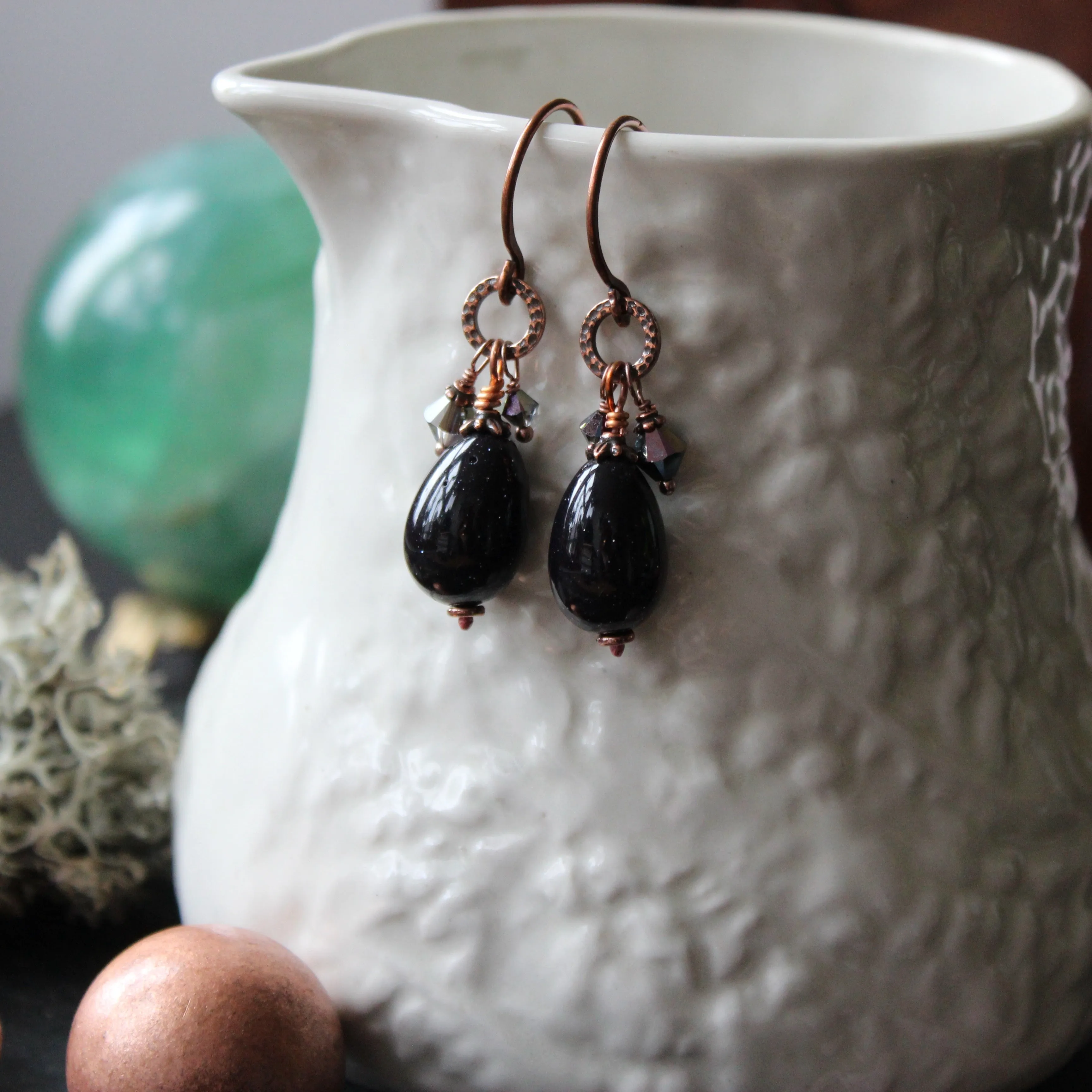 Pieces of Night. Black Goldstone Ear Hangers 16g Threaders