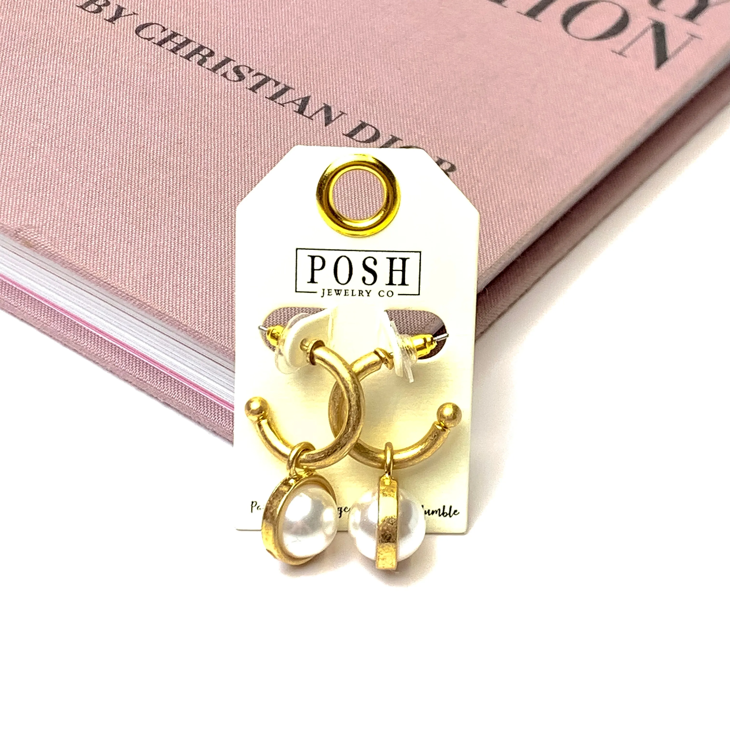 Posh By Pink Panache | Huggie Hoop Earrings with Pearl Charm in Gold