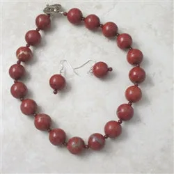 Red Jasper Gemstone Bead Necklace and Earrings