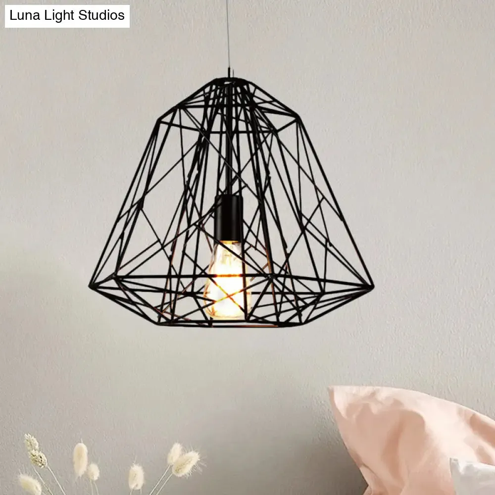 Retro Style Geometric Cage Ceiling Hanging Light with Metallic Suspension Lamp in Black/White