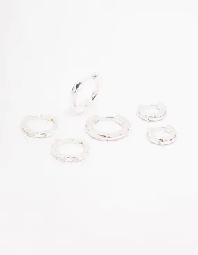 Rhodium Cubic Zirconia Minimal Huggie Hoop Earrings 3-Pack