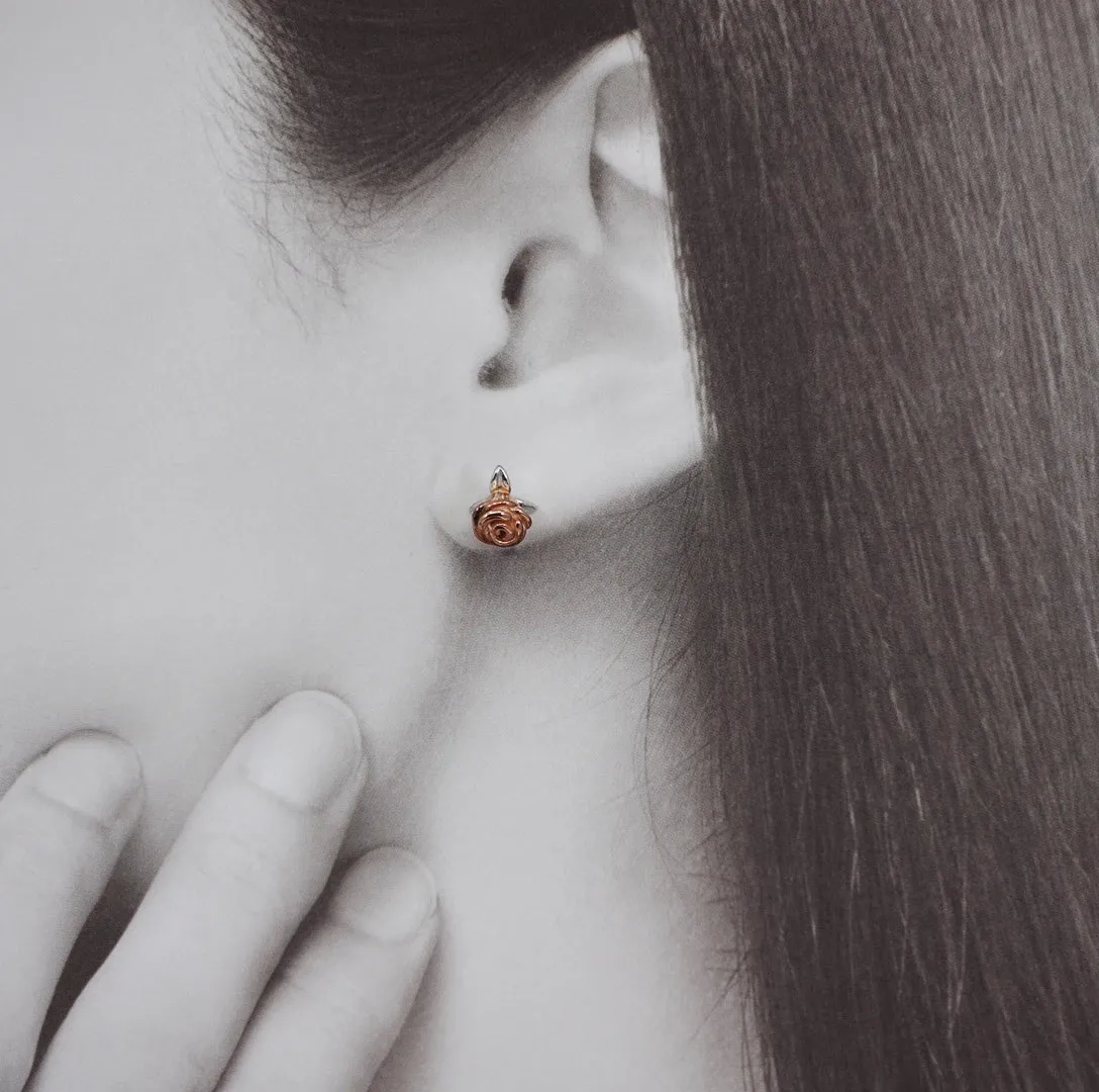 Rose Flower Stud Earrings in Sterling Silver with Pearl Ear Nut