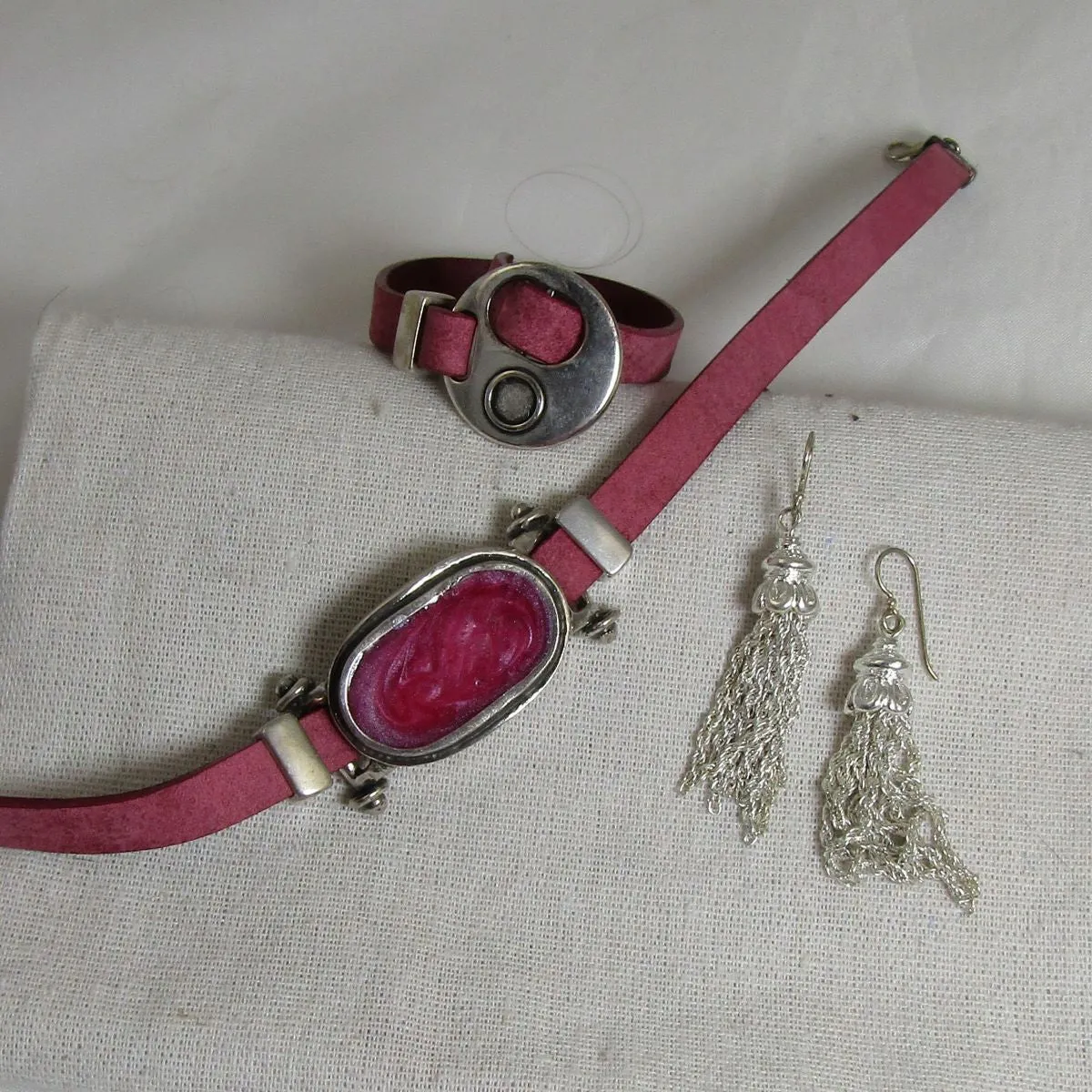 Rose Pink Leather Ribbon Choker & Bracelet & Earrings Jewelry Set