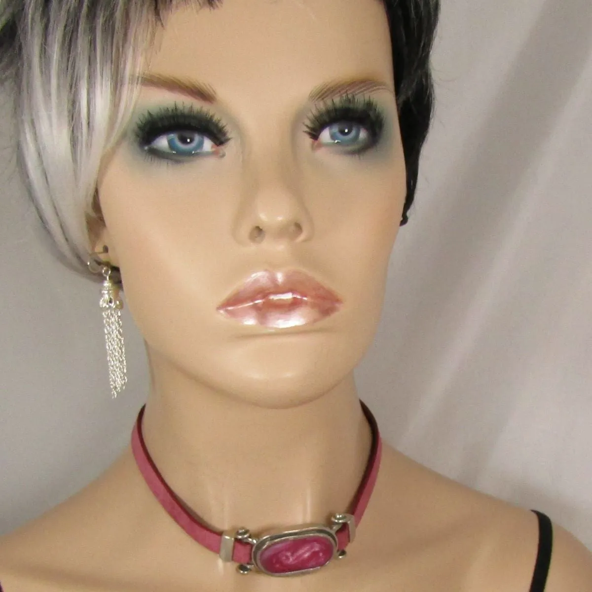 Rose Pink Leather Ribbon Choker & Bracelet & Earrings Jewelry Set