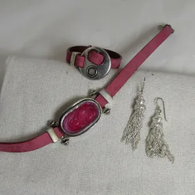 Rose Pink Leather Ribbon Choker & Bracelet & Earrings Jewelry Set