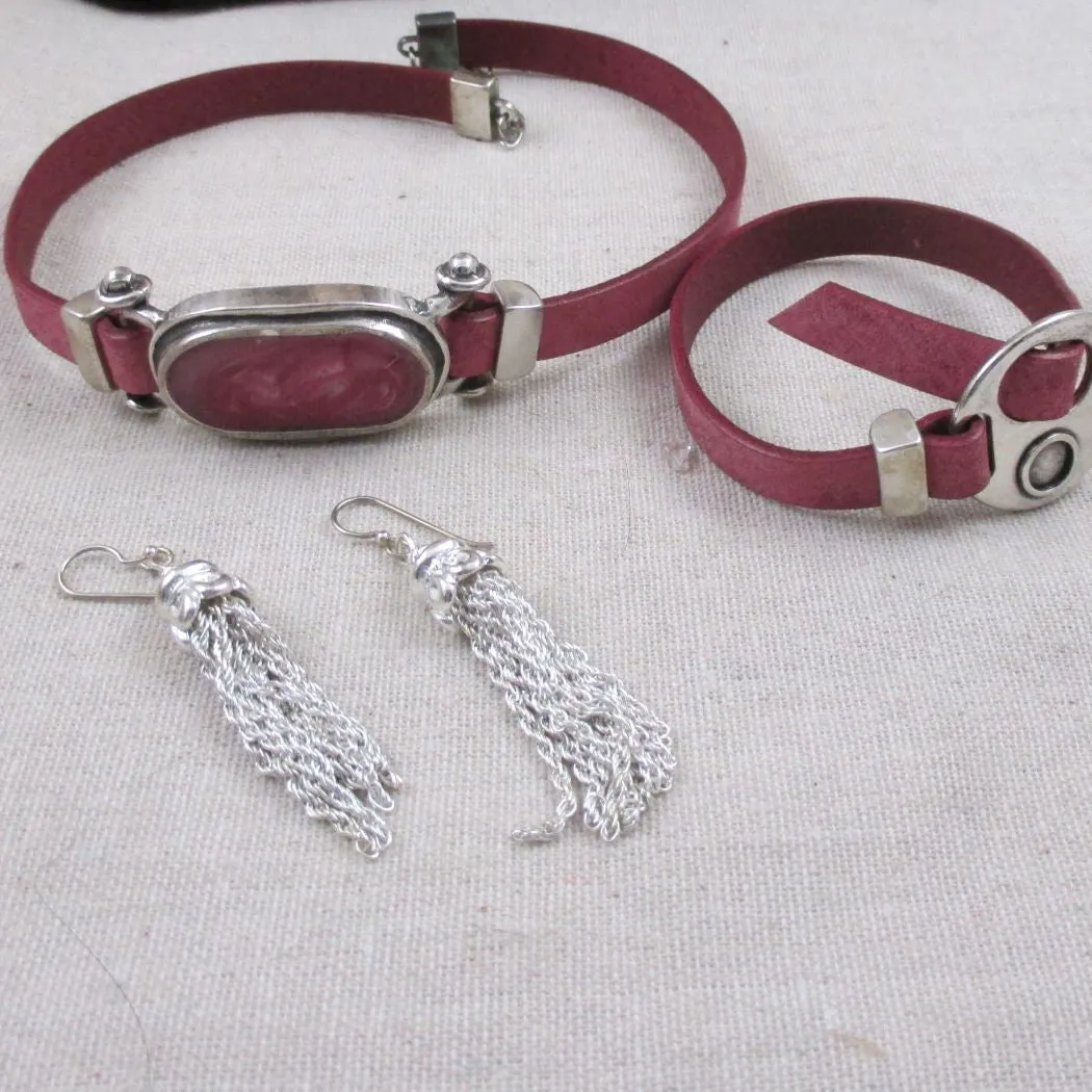 Rose Pink Leather Ribbon Choker & Bracelet & Earrings Jewelry Set