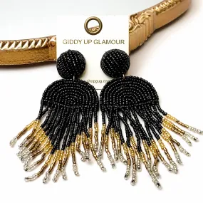 Semi Circle Drop Beaded Earrings with Tassels in Black