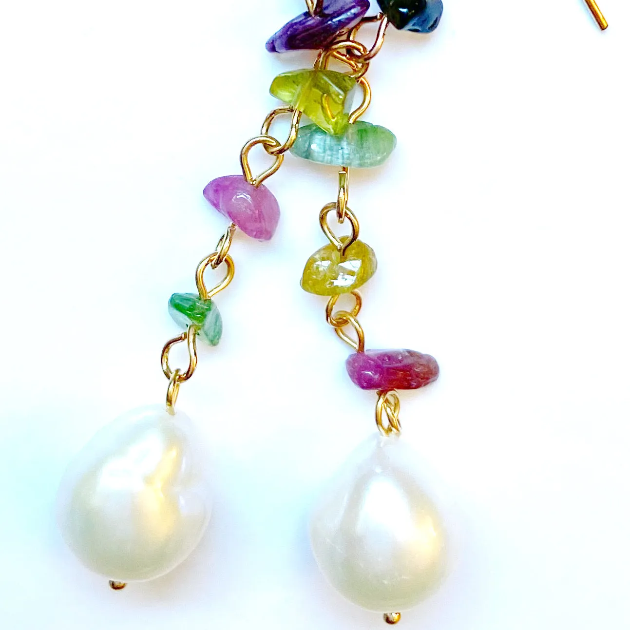 Semi-Precious Tourmaline  and Pearl Gemstone Dangle Earrings 2”