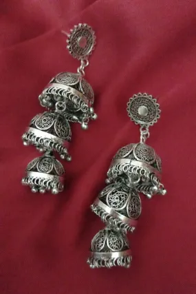 Silver Linings "Trio" Oxidised Silver Filigree Handmade Jhumka Earrings