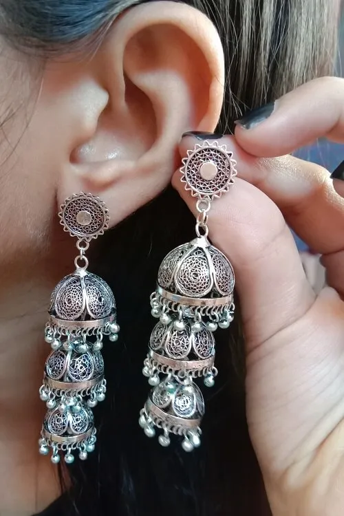 Silver Linings "Trio" Oxidised Silver Filigree Handmade Jhumka Earrings