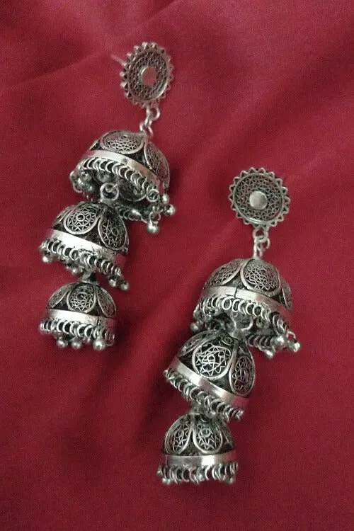 Silver Linings "Trio" Oxidised Silver Filigree Handmade Jhumka Earrings