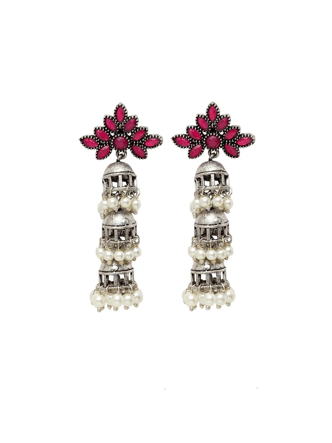 Silver-Plated & Pink German Silver Oxidised Dome Shaped Jhumkas