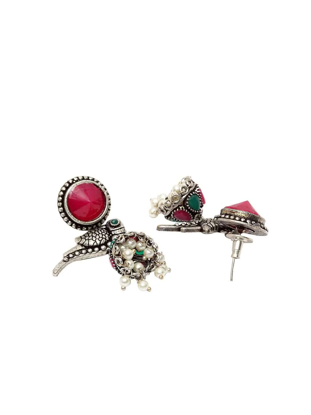 Silver-Plated & Pink German Silver Oxidised Peacock Shaped Jhumkas